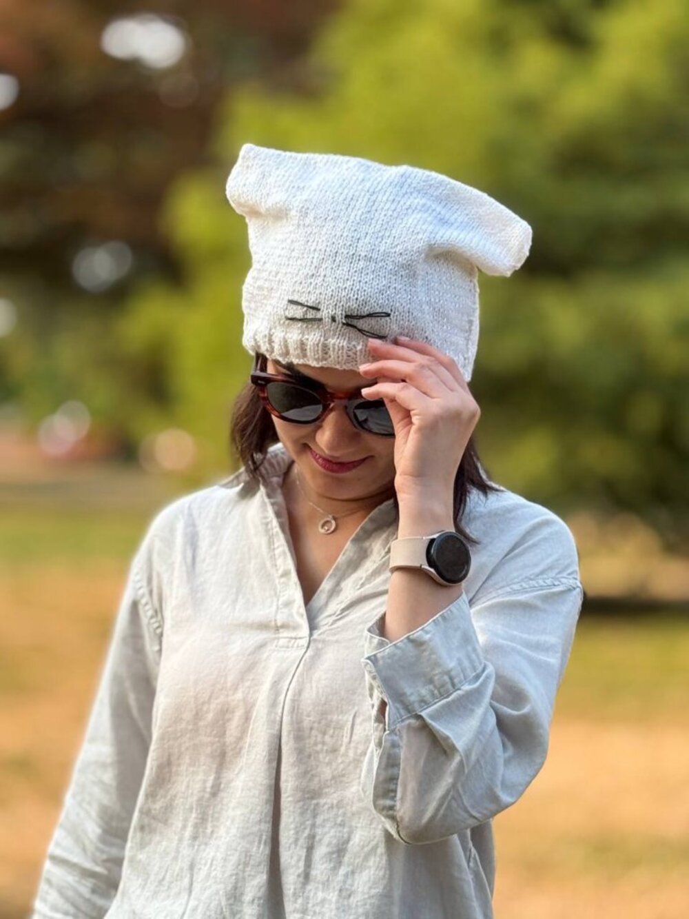 Handmade Knit Cat Ear Beanie – Cute White Kitten Hat with Embroidered Whiskers